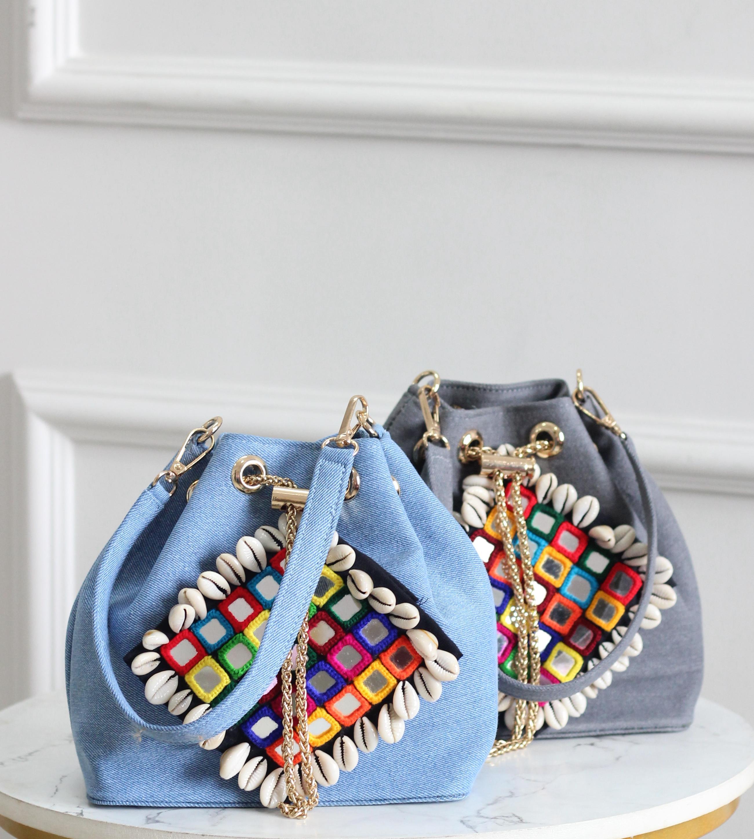 Boho-Chic Denim Bucket Bags with Shell & Mirror Work Embellishments