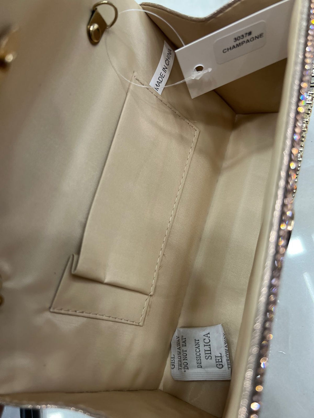 Crystal Embellished Handbag with Gold Chain